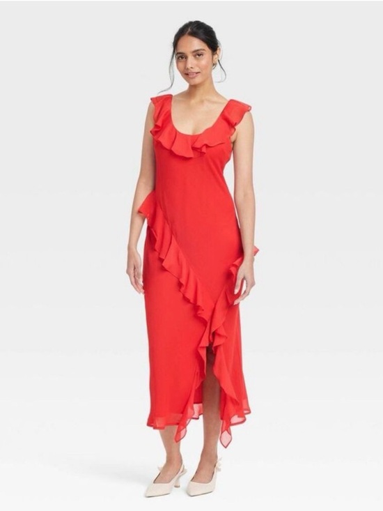 a new day Dresses & Skirts - NEW Red Ruffle-Trim Midi Dress Size L